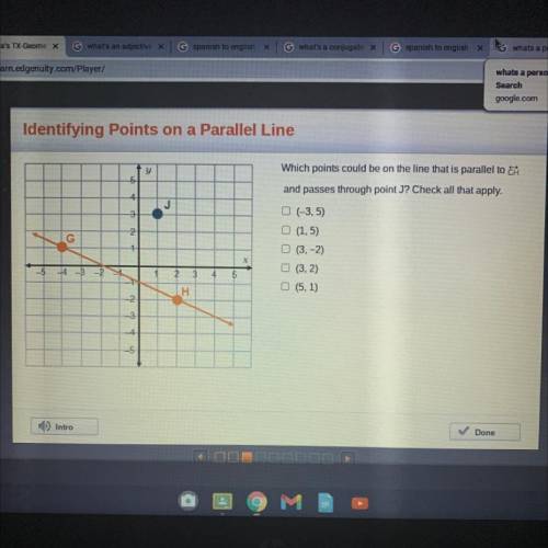 Which points could be on the line that is parallel to GH and passes through point J? Check all that