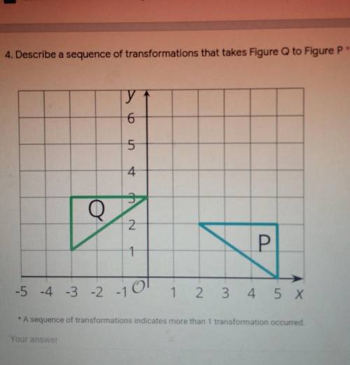 4. Describe a sequence of transformations that takes Figure Q to Figure P* у 6 5 4 2 P 1 1 -5 -4 -3