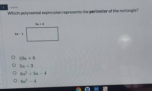 Which polynomial expression represents the perimeter of the rectangle? (3a + 4) (2a - 1)