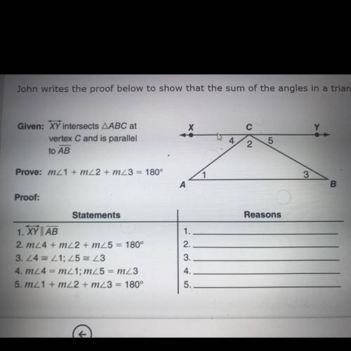 John writes the proof below to show that the sum of the angles in a triangle is equal to 180 degree