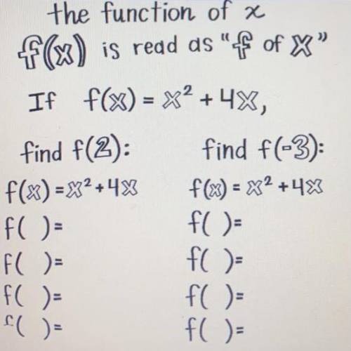 If f(x) = x^2 + 4x

find f(2)
f(x) = x^2 + 4x
f( ) =
f( ) =
f( ) =
f( ) =
find f(-3)
f(x) = x^2 +