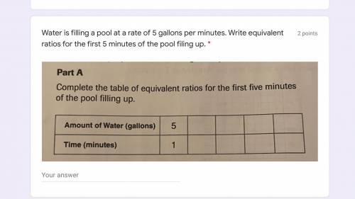 Water is filling a pool at a rate of 5 gallons per minutes. Write equivalent ratios for the first 5