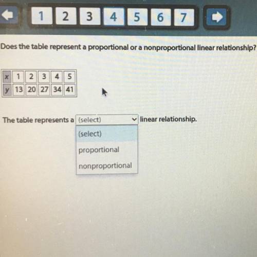 Does the table represent a proportional or a nonproportional linear relationship?

X
1 2 3 4 5
y 1