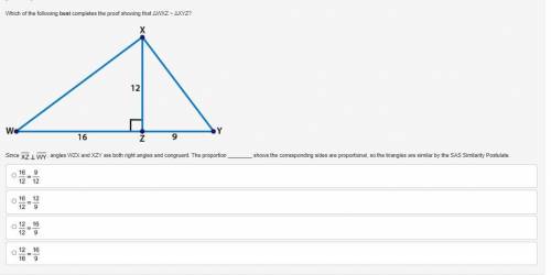 Which of the following best completes the proof showing that ΔWXZ ~ ΔXYZ?

triangles WXZ and XYZ t