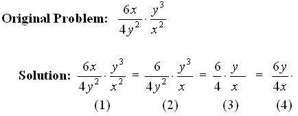 The simplification of a rational multiplication or division problem is given. Identify the first st