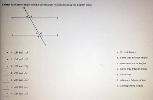 Match each pair of angles with the correct angles relationship using the diagram