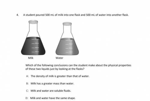 The picture is attached.

A student poured 500 mL of milk into one flask and 500 mL of water into