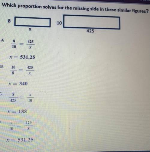 Which proportion solves for the missing side in these simple figures?