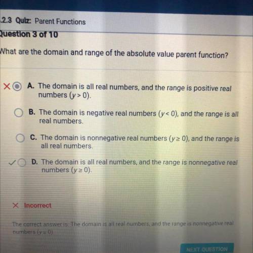 What are the domain and range of the absolute value parent function?

A. The domain is all real nu