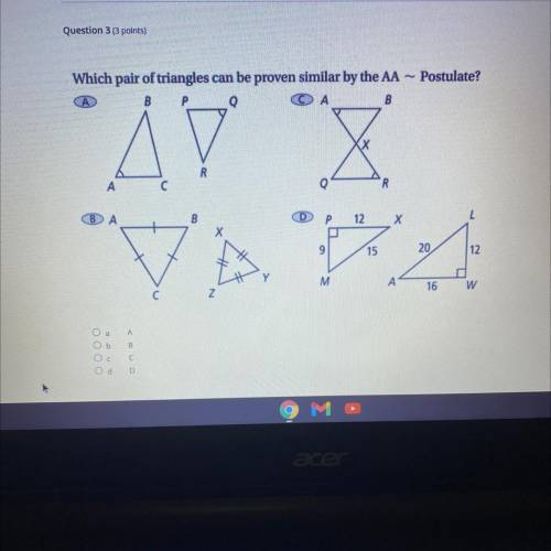 Which pair of triangles can be proven similar by the AA ~ Postulate?