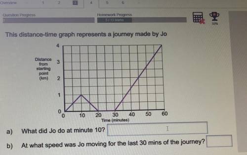 This distance-time graph represents a journey made by Jo.

a)What did Jo do at minute 10?b) At wha
