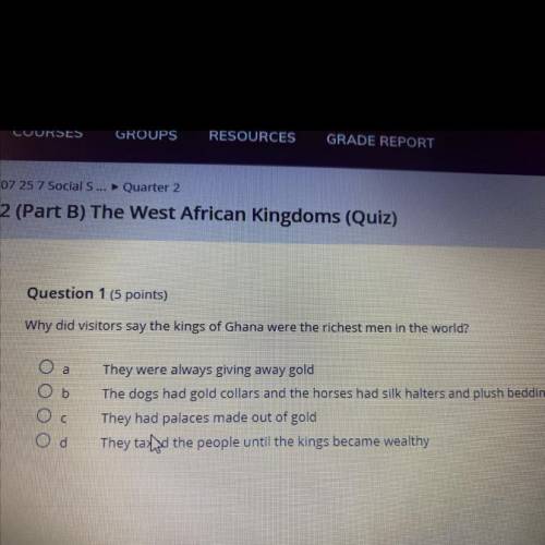 Question 1 (5 points)

Why did visitors say the kings of Ghana were the richest men in the world?