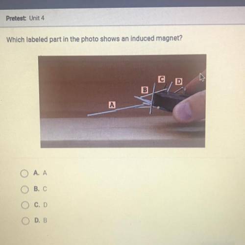 Which labeled part in the photo shows an induced magnet?