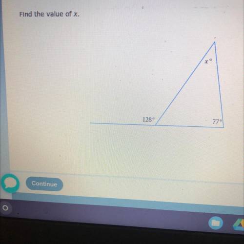 1
Find the value of x.
xo
128°
77°
