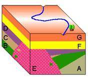 The layers of rock may be relatively dated, from youngest to oldest

A) G, F, E, D, C, A, B
B) G,