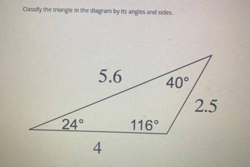 Can someone please help me classify the triangle in the the diagram by its angles and sides :)