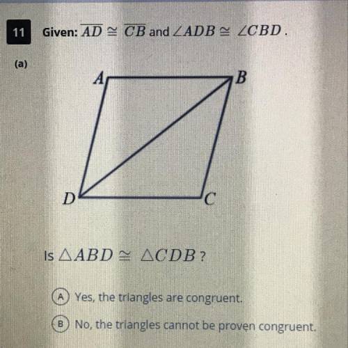 Explain your reasoning for how you got true or false ?!

Is ABD congruent to CBD?
Please help! I’l