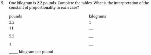 One kilogram is 2.2 pounds. Complete the tables. What is the interpretation of the constant of prop