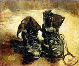 A painting of very worn boots that are untied and sagging. The boots are painted using dark colors