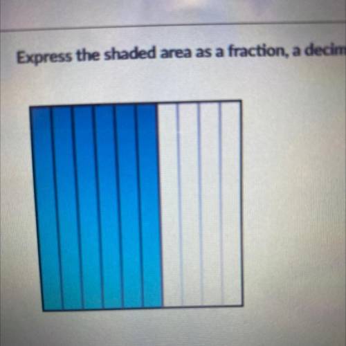 The square below represents one whole.

Express the shaded area as a fraction, a decimal, and a pe