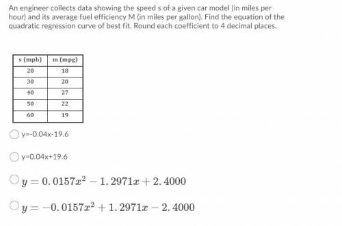 An engineer collects data showing the speed s of a given car model (in miles per hour) and its aver