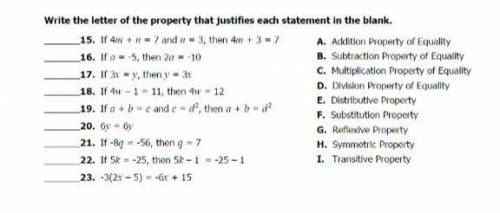 I have to write the letter of the property of equialitu that justifies each statement. help please