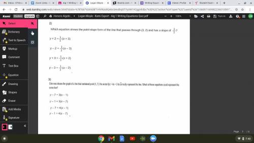 Which equation shows the point-slope form of the line that passes through (3, 2) and has a slope of