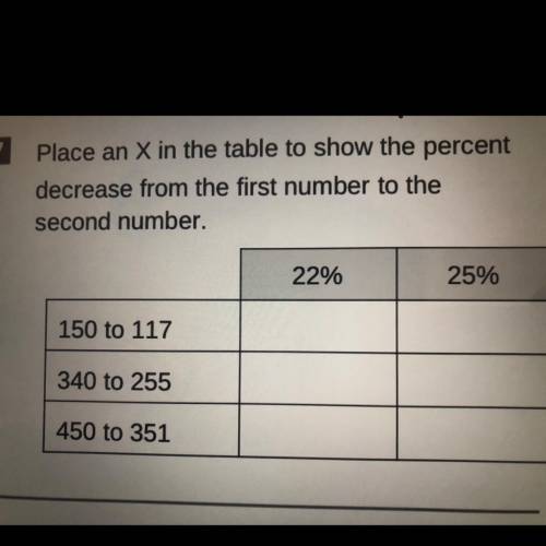 place an x in the table to show the precent decrease from the first number to the second number. gi