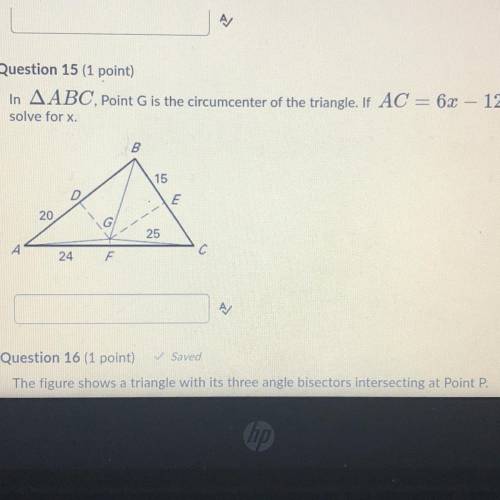 In ^ABC Point G is the circumcenter of the triangle. If AC = 6x - 12,
solve for x