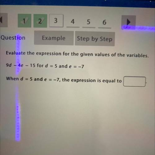Evaluate the expression for the given values of the variables.

9d – 4e – 15 for d = 5 and e = -7