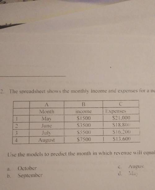 The spreadsheet shows the monthly income and expenses for a new business.

Use the models to predi