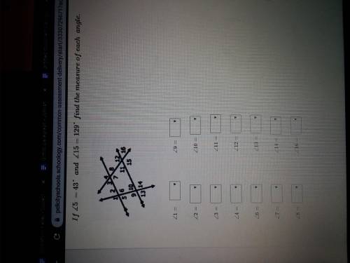 Please help I don't understand this question at all

If ∡5 = 43° and ∡15 = 129° find the measure o