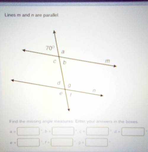 Lines m and n are parallel 70° a с d n Find the missing angle measures Enter your answers in the bo