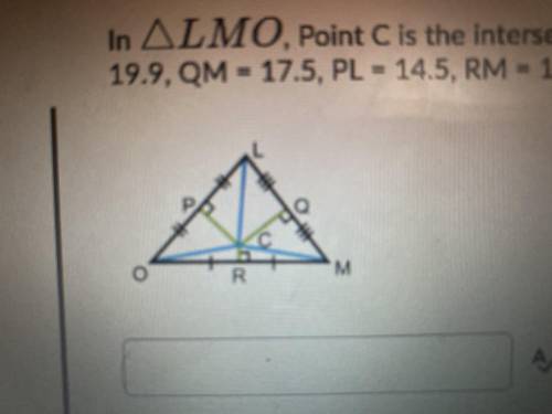 In angle LMO, point C is the intersection of the blue and green segments. If CM=19.9, QM=17.5, PL=