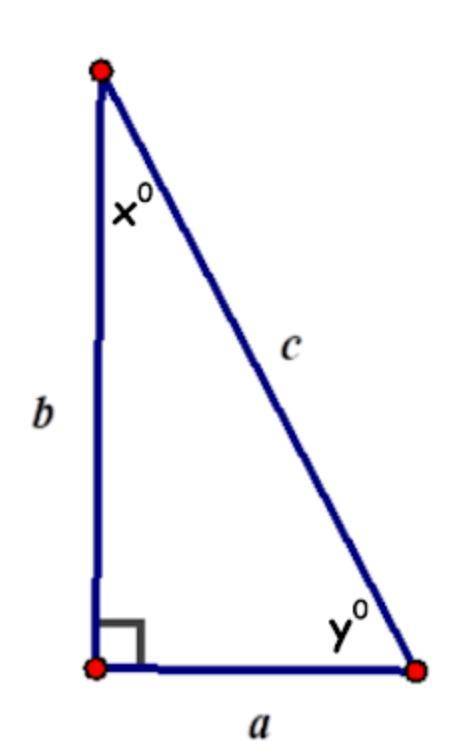 The right triangle below satisfies 0 , or =, whichever makes the statement true.