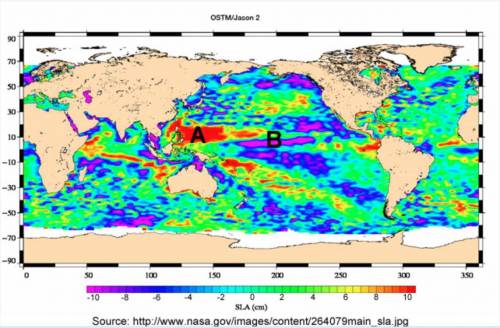 The picture below shows the satellite image of ocean surface heights on Earth at Location A and Loc