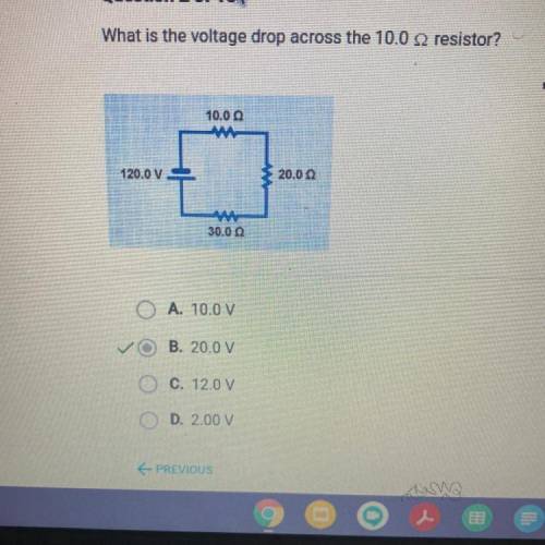 What is the voltage drop across the 10.0 2 resistor?

10.00
120.0 V
20.00
30.00
 20.0V
