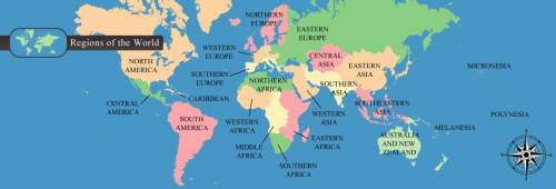 Look at the map, and then complete the sentences.

a map showing regions of the worldThe United St