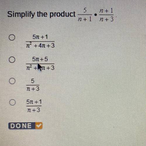 Find the simplified product 5/n+1 x n+1/n+3