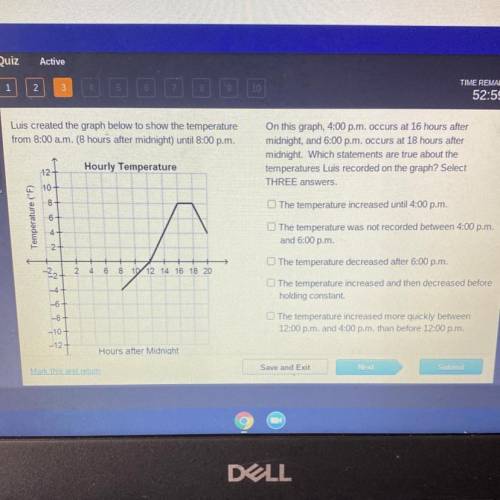Quiz

Luis created the graph below to show the temperature
from 8:00 a.m. (8 hours after midnight)