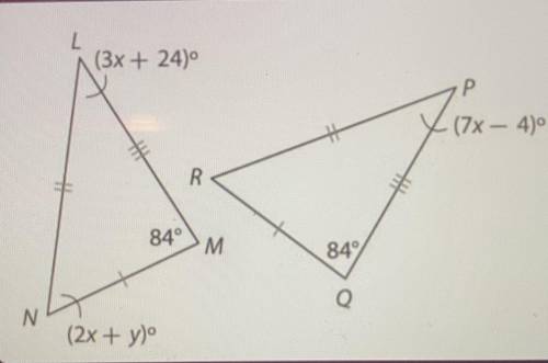 Triangle LMN is congruent to triangle PQR. Find y.