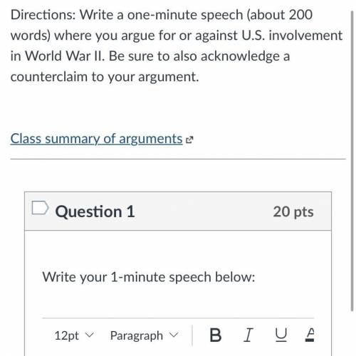 Write a one-minute speech (about 200 words) where you argue for or against U.S. involvement in Worl