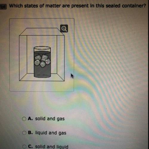 Which states of matter are present in this sealed container?

A. solid and gas
B. liquid and gas
C