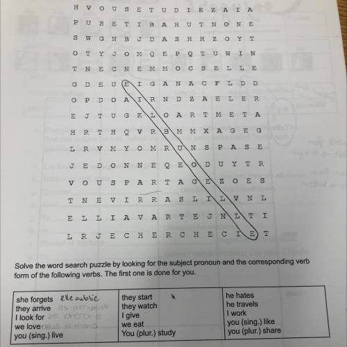 Solve the word search puzzle by looking for the subject pronoun and the corresponding verb

form o