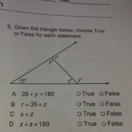 Given the triangle below, choose True or False for each statement.