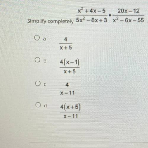Simplify completely x^2+4x-5/5x^2-8x+3•20x-12/x^2-6-55
