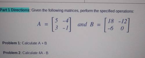 Part 1 Directions: Given the following matrices, perform the specified operations: 5 A A = - 4 3-1