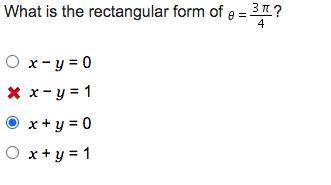 What is the rectangular form of Theta = StartFraction 3 pi Over 4 EndFraction?