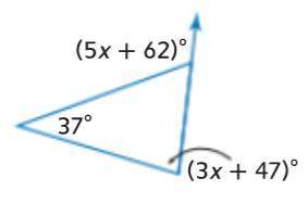Find the value of x and the measure of each angle:

1. x = 
2. m∠5x + 62 = 
3. m∠3x + 47 =