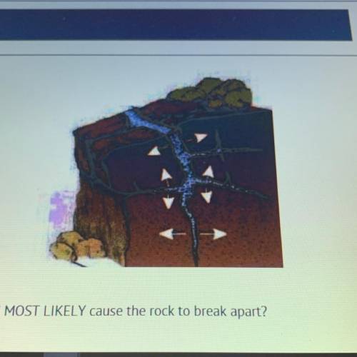 Look at the drawing. What would MOST LIKELY cause the rock to break apart?

A)
Water freezes in th